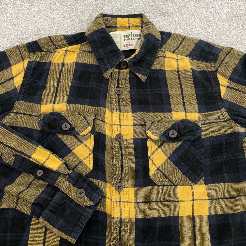 Urban Pipeline Mens Medium Flannel Yellow Black Plaid Button-Down Autumn Grunge